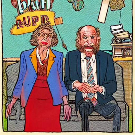 Image similar to The Artwork of R. Crumb and his Cheap Suit Dr. Ruth tells you to have more relations, pencil and colored marker artwork, trailer-trash lifestyle