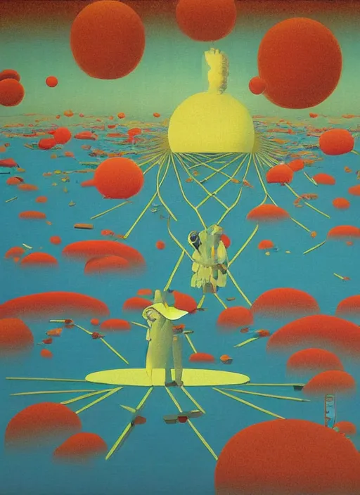 Image similar to Japan travel and tourism c2050, surrealist psychedelic painting in the style of Oxygene, Magritte, Roger Dean, Yoshio Awazu, vivid color