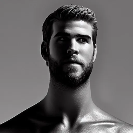 Image similar to “a realistic detailed photo of a guy who is an attractive humanoid who is half robot and half humanoid, who is a male android, actor Liam Hemsworth, shiny skin, posing like a statue, blank stare, at the museum, on display”