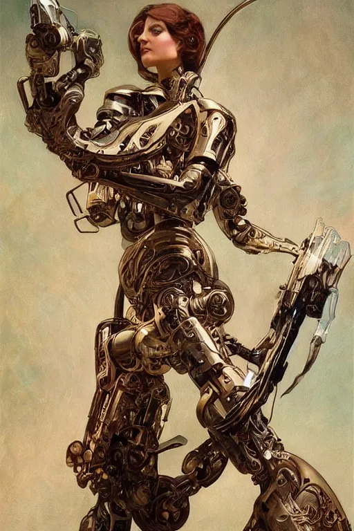 Image similar to organic cyborg holding a weapon, art deco, soft lighting, sci fi fantasy, intricate, elegant, highly detailed, lifelike, photorealistic, 2d matte illustration, artstation, illustration, concept art, smooth, sharp focus, art by John Collier and Albert Aublet and Krenz Cushart and Artem Demura and Alphonse Mucha