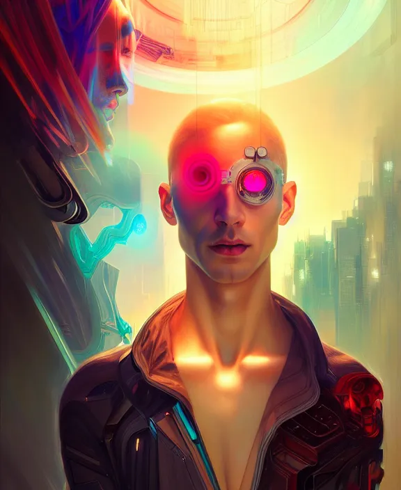 Image similar to a whirlwind inside the metaverse, guy, male, man, hologram, half body, neurochip, android, cyborg, cyberpunk face, by loish, d & d, fantasy, intricate, elegant, highly detailed, colorful, digital painting, artstation, concept art, art by artgerm and greg rutkowski and alphonse mucha