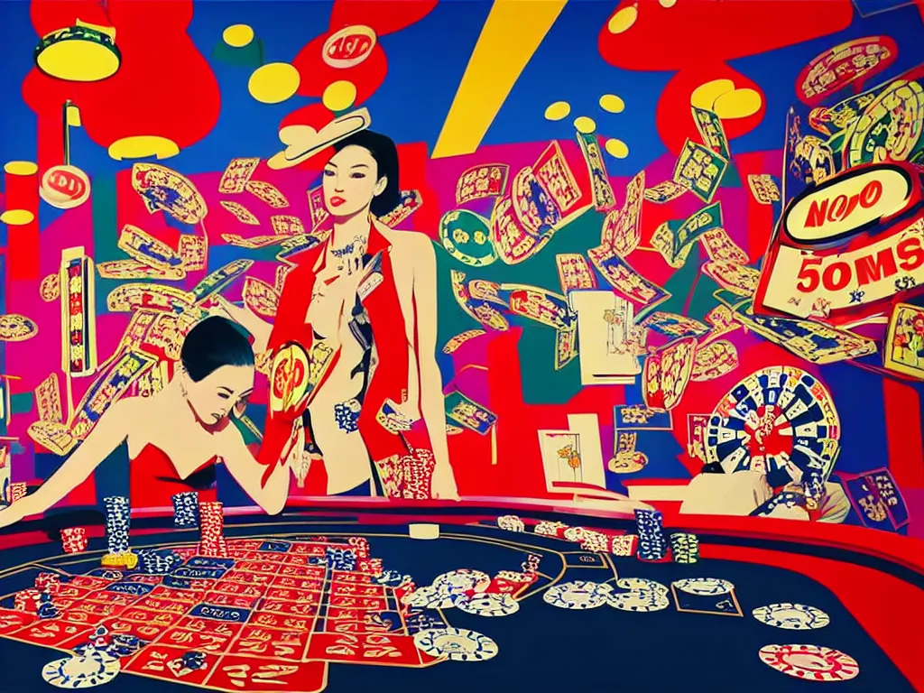 Prompt: hyper - realistic composition of a room in a casino with an extremely detailed poker table, croupier in kimono standing nearby fireworks in the background, pop art style, jackie tsai style, andy warhol style, acrylic on canvas