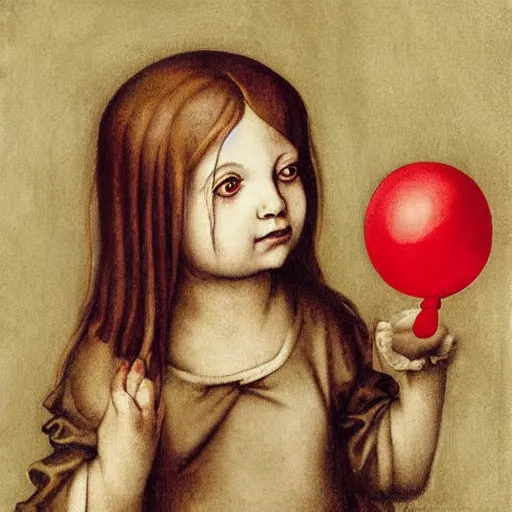 Image similar to fantasy painting of a little girl holding a red balloon by judson huss and henriette grindat and albrecht durer | horror themed | creepy