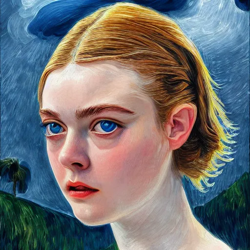 Image similar to professional painting of Elle Fanning in the style of Jacek Malczewski, head and shoulders portrait, symmetrical facial features, smooth, sharp focus, illustration, intricate, stormy weather, extremely detailed masterpiece,