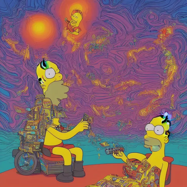 Prompt: A psychedelic painting of Homer Simpson breaking the simulation, digital art by Dan Mumford and Peter Mohrbacher, highly detailed