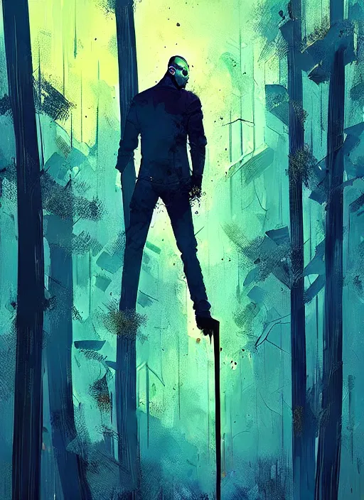 Image similar to horror art, jason statham vampire hunter, blue and gold trees in the background, art by ismail inceoglu