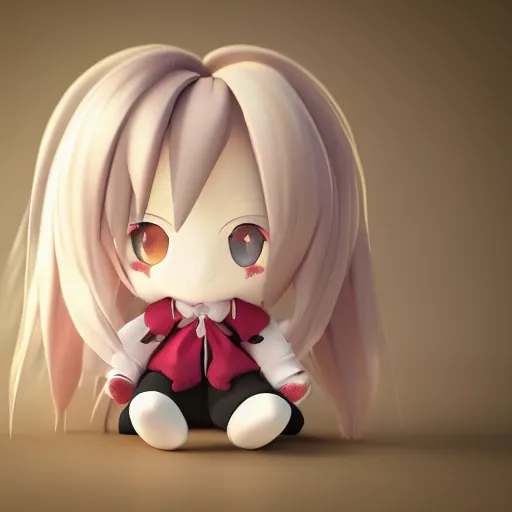 Image similar to cute fumo plush of a girl with a big heart, hair blocking eyes, blob anime, bokeh, vray