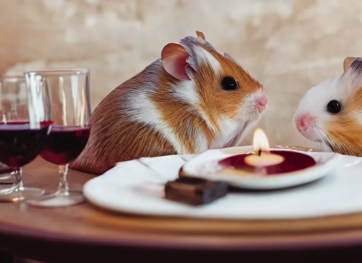 Image similar to photo of a hamsters on a date, drinking red wine, at night, faded colors, candlelit restaurant table, various poses, soft light, centered, sharp focus, 8 k