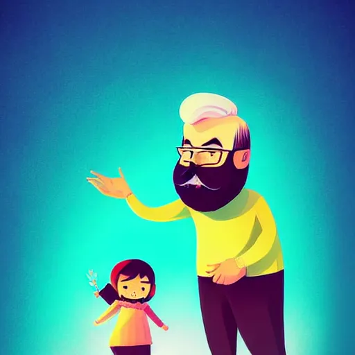 Image similar to curled perspective digital art of a cute smiling beard grandpa cartoon character with baby girl by anton fadeev