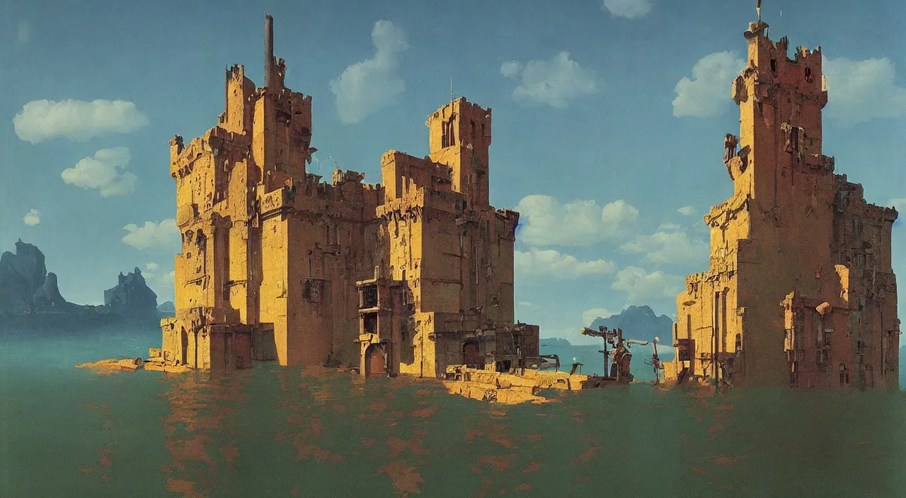 Image similar to single flooded ancient tower, very coherent and colorful high contrast!! painting by rene magritte simon stalenhag carl spitzweg syd mead norman rockwell edward hopper james gilleard, dark shadows, sunny day, hard lighting, masterpiece