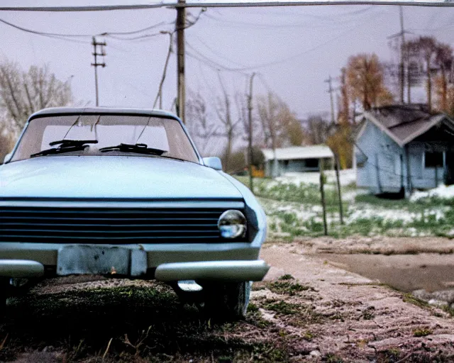 Image similar to a lomographic photo of old lada 2 1 0 7 concept car standing in typical soviet yard in small town, hrushevka on background, cinestill, bokeh