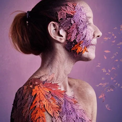 Image similar to portrait sideview woman face made of dry leaves, violet and orange light, foggy milk silk background, elder ring