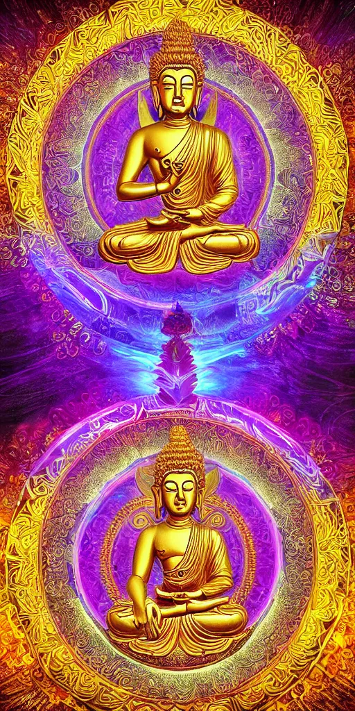 Prompt: rainbowcore, golden buddha glowing, surrounded by lotus, with the sun shining with the moon, with detailed mandala filled with fractals, bioluminescence, glowing runes, de-noise, symmetrical composition, high detailed, ornate border, 8k, vray,