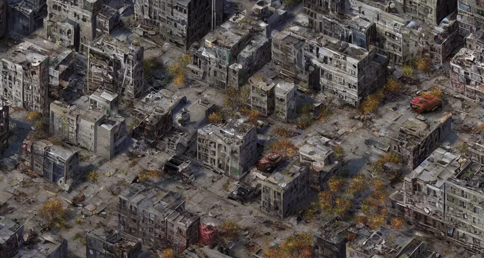 Image similar to aerial view of dilapidated zombie - apocalypse new york city in real life, desolate with zombies, dilapidated, zombies in the streets, nightmarish, some rusted style parked vehicles, sunny weather, few clouds, volumetric lighting, photorealistic, daytime, autumn, sharp focus, ultra detailed, cgsociety