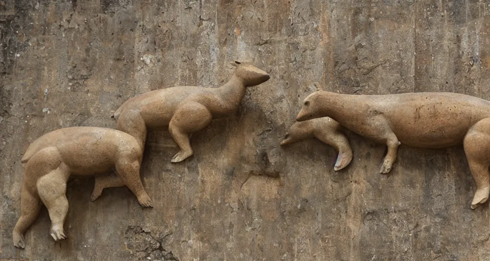 Prompt: Stone bas-relief of majestic Capybaras, on wall of Sri Dalada Maligawa Kandy, Sri Lanka