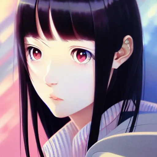 Image similar to portrait Anime girl, cute-fine-face, long black-hair and bangs, pretty face, red eyes, realistic shaded Perfect face, fine details, anime, realistic shaded lighting by Ilya Kuvshinov katsuhiro otomo ghost-in-the-shell, magali villeneuve, artgerm, rutkowski, WLOP, Jeremy Lipkin and Giuseppe Dangelico Pino and Michael, Garmash and Rob Rey