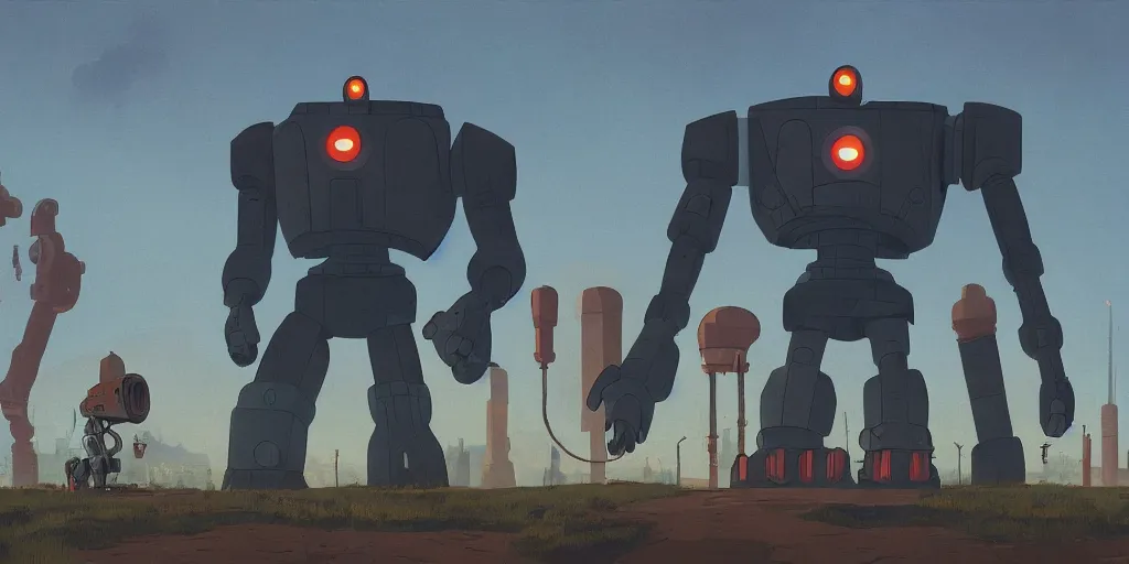 Image similar to Iron Giant, Portrait, Subject in Middle, Subject in center, Rule of Thirds, Retrofuturism, Simon Stålenhag