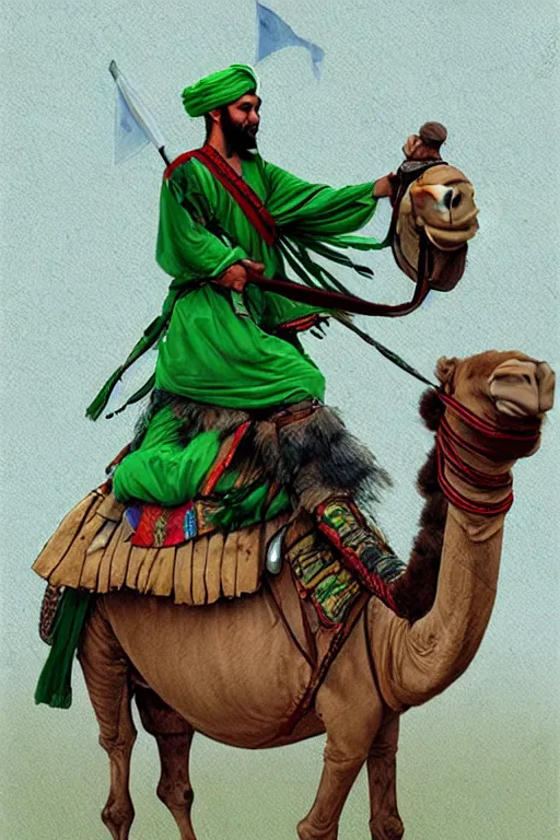 Image similar to a arabian warrior, ride camel he use green turf and flag, realistic, sketch and art by jacqueline e, colored by bo feng lin