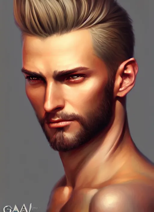 Image similar to a _ fantasy _ style _ portrait _ painting _ of male, medium dark blonde pulled back side part and blonde stubble, rpg dnd oil _ painting _ unreal _ 5 _ daz. _ rpg _ portrait _ extremely _ detailed _ artgerm _ greg _ rutkowski _ greg