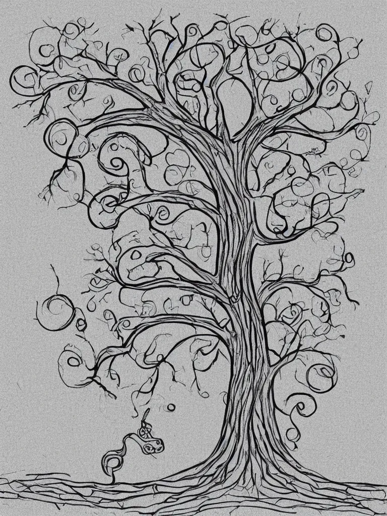 Image similar to single line drawing of an acorn growing into a tree in shape of treble clef, splash of color, isometric