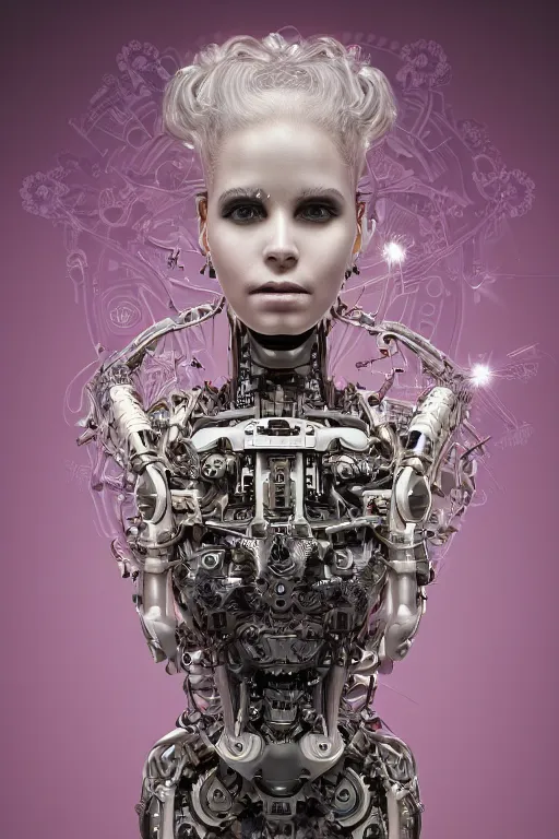 Image similar to a beautiful intricate fine art portrait photo of a cyborg with bionic implants, epic wavy hair spread out around her lined with white hibiscus, lying on a mandala, by natalie shau and michal karcz, masterpiece!, futuristic robot body, top view, studio lighting, golden ratio composition, 3 5 mm lens, deep depth of field, artstation, 8 k