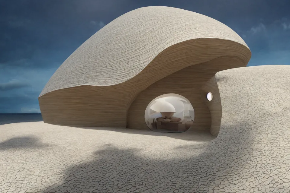 Prompt: a seashell house designed by snohetta, pinted in the style of john harris and moebius