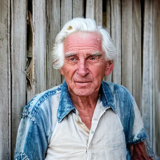 Prompt: a portrait of a humble, sweet provisioner, white hair, wrinkled face, shabby clothes, inside a small wooden building, supplies around. holding a broom