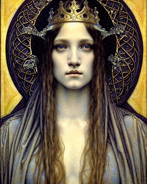 Image similar to detailed realistic beautiful young medieval queen face portrait by jean delville, gustave dore and marco mazzoni, art nouveau, symbolist, visionary, gothic, pre - raphaelite. horizontal symmetry