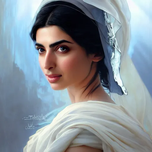 Prompt: a Photorealistic dramatic hyperrealistic,Crystal blue eyes ameera al taweel with black hair, white veil,elegant face, Greek, middle eastern, by WLOP,Artgerm,Greg Rutkowski,Alphonse Mucha, Beautiful dynamic,shadows,Artstation,concept design art,Octane render,8K