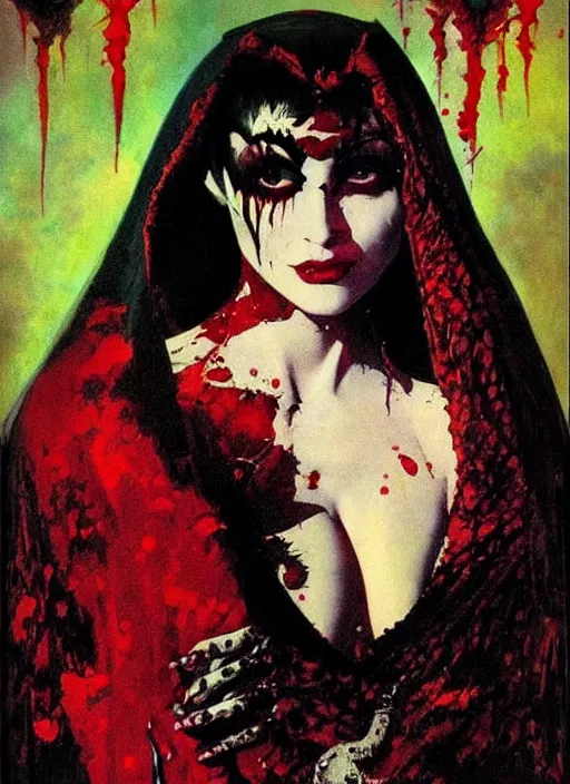 Image similar to portrait of svelt iranian vampiress, jeweled veil, strong line, saturated color, beautiful! coherent! by frank frazetta, high contrast, blood splatter background