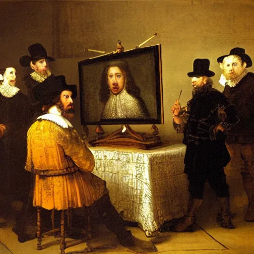 Prompt: a painting of people with detailed asymmetrical faces trading stocks in front of computer screens, in the style of syndics of the drapers'guild ( 1 6 6 2 ) by rembrandt. the screen shows candlestick trading chart