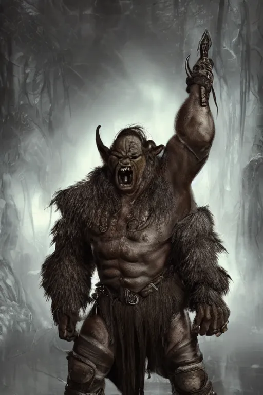 Image similar to A full body shot of a handsome orc looking into the camera wearing a leather fur jacket and boots, full body shot, detailed face, artstation, realistic, highly detailed, symmetrical, hyper realistic, dynamic pose, high detail, octane render, unreal engine, 8k, fantasy art, highly detailed, concept art