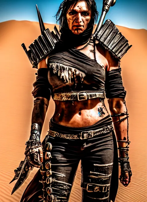 Image similar to mad max style warrior woman in desert _ unreal _ 5 _ daz. _ rpg _ portrait _ extremely _ detailed _ hyper real photo, shot with canon eos r 6