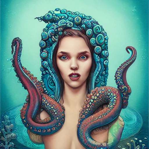 Image similar to underwater lofi scorn lovecraftian lovecraft mermaid portrait, octopus, Pixar style, by Tristan Eaton Stanley Artgerm and Tom Bagshaw.