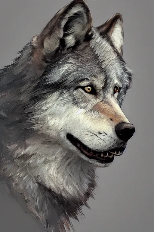 Image similar to portrait of a gray wolf, intricate, elegant, highly detailed, digital painting, artstation, concept art, smooth, sharp focus, illustration, art by Krenz Cushart and Artem Demura and alphonse mucha