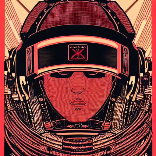 Image similar to Illustrated by Shepard Fairey and H.R. Geiger | Cyberpunk Samurai with VR helmet, surrounded by cables