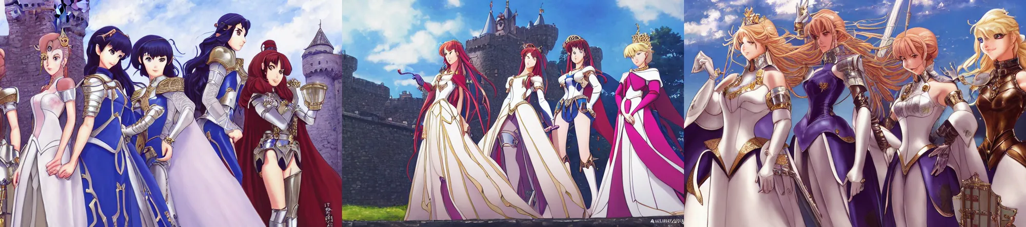 Prompt: close - up princesses posing together in armor at castle. by minako iwasaki, takashi takeuchi, yoshiyuki sadamoto, amagaitaro, makoto shinkai, krenz cushart, asao urata, pixiv