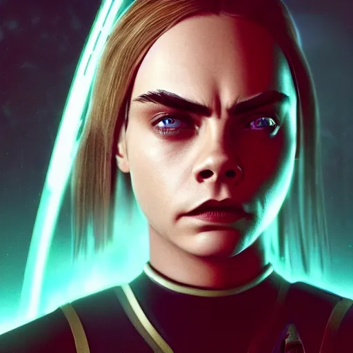 Image similar to cara delevingne as a borg ( star trek ), unreal 5, daz, hyperrealistic, octane render, rpg portrait, dynamic lighting, fantasy art, beautiful face