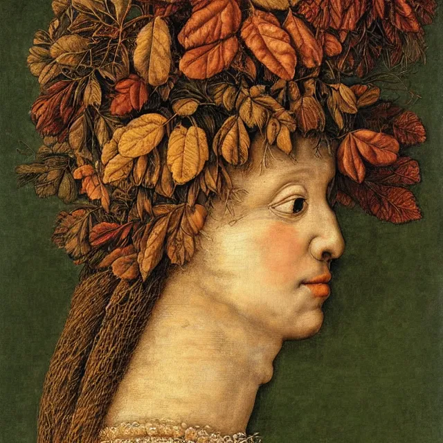 Image similar to a beautiful profile portrait of a beautiful female, leaves, by giuseppe arcimboldo.