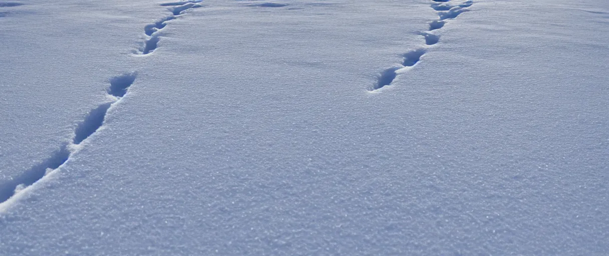 Image similar to extreme closeup hd 8 k hyper detailed photograph of a trail of footsteps in the snow