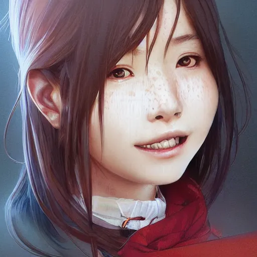 Prompt: a cute fourteen year old japanese girl, tomboy, evil smile, freckles!!!, fully clothed, highly detailed, digital painting, artstation, concept art, sharp focus, illustration, cinematic lighting, art by artgerm and greg rutkowski and alphonse mucha