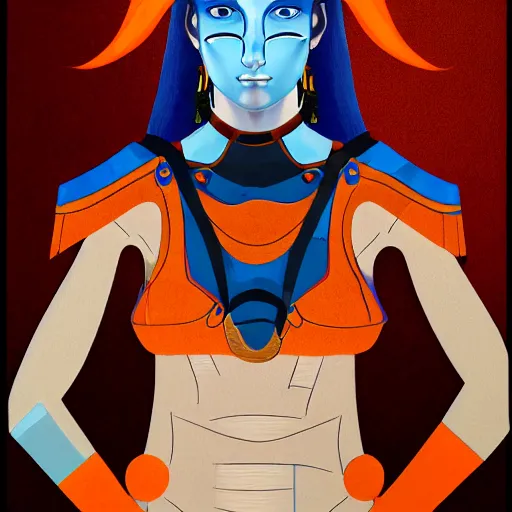 Image similar to illustrated portrait of skinny prominently ram-horned woman with solid black eyes orange skin and blue hair wearing leather armor, hyper detailed, photorealistic