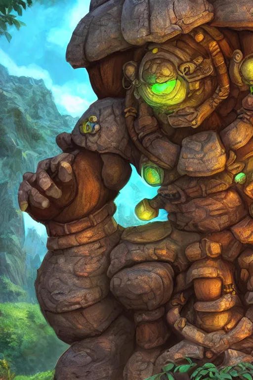 Image similar to zelda fantasy art giant golem troll wood rock greeble gemstone, global illumination ray tracing hdr fanart arstation by sung choi and eric pfeiffer and gabriel garza and casper konefal