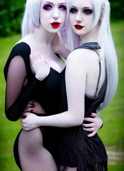 Image similar to a full body shot of two beautiful pale skin cosplay girls hugging each other in close proximity, light gray eyes, photo, bokeh, sharp focus, big red lips, black hair, feet posing, goth style, fully tattooed body, fishnet clothes, beautiful detailed face, masterpiece, photo by magali villeneuve