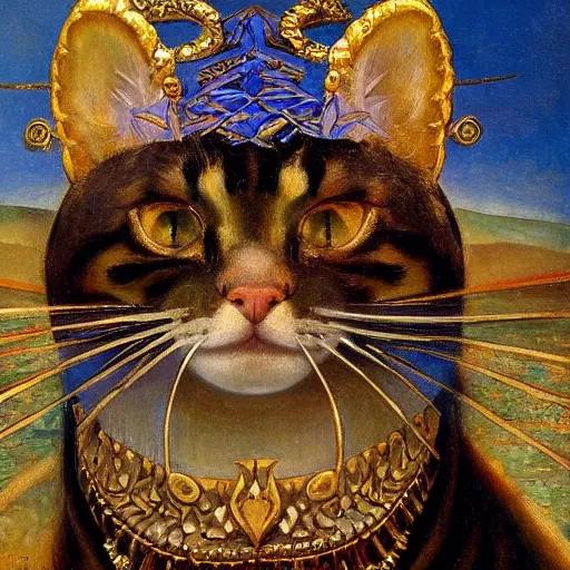 Image similar to masterpiece painting of an ornate bejeweled cat head, by annie swynnerton and diego rivera and nicholas roerich and jean delville, symbolist, dramatic lighting, god rays, elaborate geometric ornament, art brut, rich colors, smooth, sharp focus, extremely detailed, adolf wolfli and ( donato giancola )