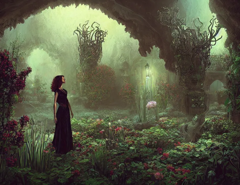 Image similar to a woman standing in a lovecraftian eldritch persian palace garden. this airbrush painting by the award - winning concept artist has dramatic lighting, an interesting color scheme and great sense of depth.