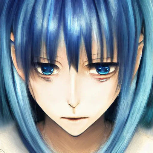 Image similar to full face shot of rimuru tempest, sky blue straight hair, long bangs, closed eyes, wearing a fancy black jacket, high collar, ultra detailed, brush strokes, digital painting, cinematic, wlop artstation, closeup, pixiv, eerie, scary, haunted, spooky, yoshitaka amano, junji ito,