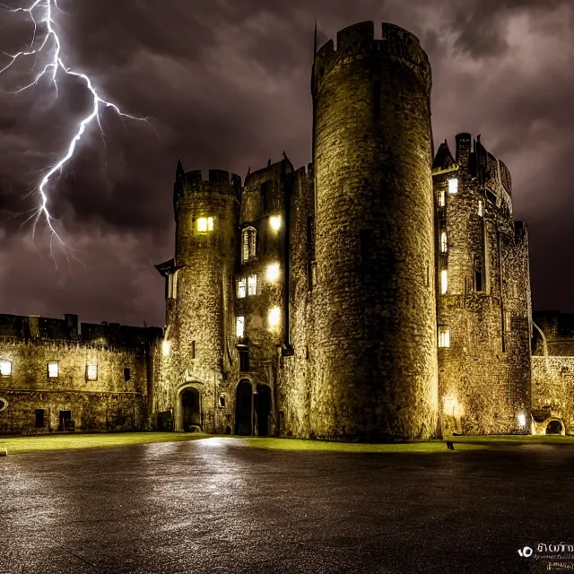 Image similar to hyper realistic photo, well maintained castle with moody lighting, far away - shot from the front gate courtyard with lightning in the background