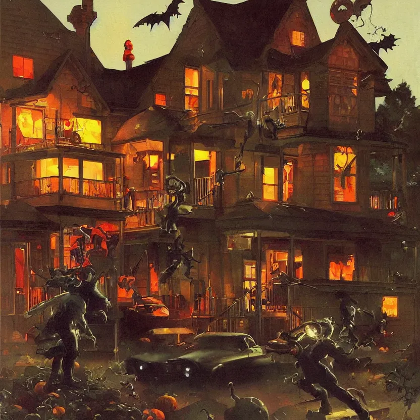 Image similar to a framed painting of a halloween scene in a suburban neighborhood.. highly detailed science fiction painting by norman rockwell, frank frazetta, and syd mead. framed painting. rich colors, high contrast, gloomy atmosphere, dark background. trending on artstation