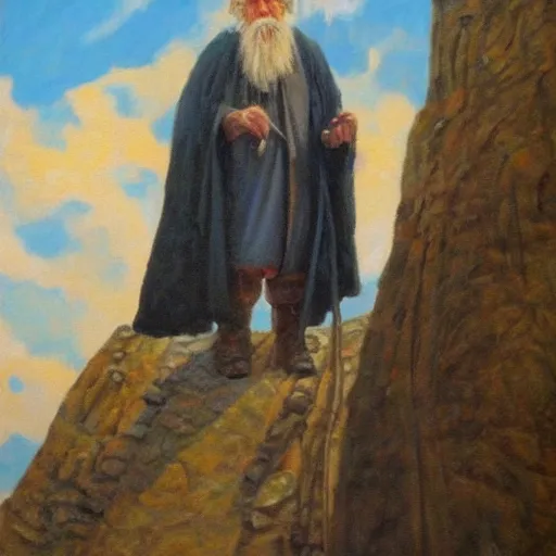 Prompt: Old Wizard looking down from stone tower, oil painting